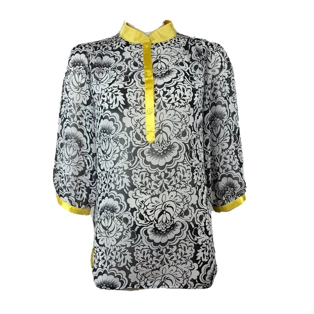 Susan Graver Style Womens Size S Small Black White Printed‎ Blouse Yellow Trim